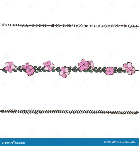 Doodle Floral Line with Pink Phlox Flowers. Flower Design Elements ...