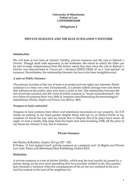 Tort Private Nuisance And Rylands V Fletcher University Of Manchester