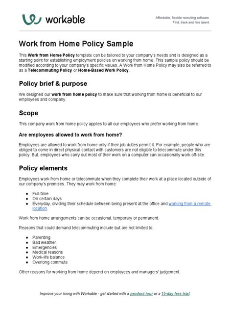 Work From Home Policy Sample Telecommuting Employment