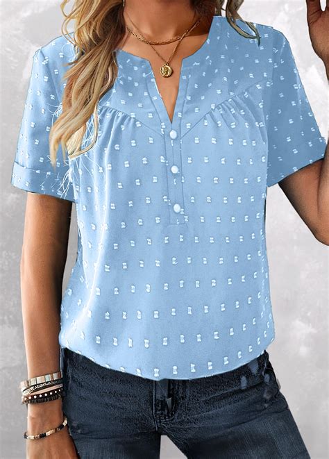 Sky Blue Button Short Sleeve Split Neck Blouse Usd 32 98