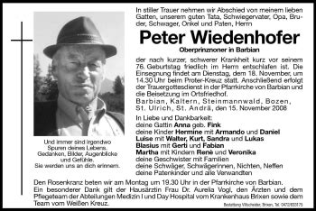 Traueranzeigen Von Peter Wiedenhofer Trauer Bz