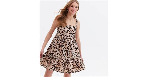 Brown Leopard Print Square Neck Mini Smock Dress New Look