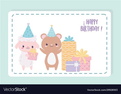 Happy Birthday Sheep Bear With Ts And Party Vector Image