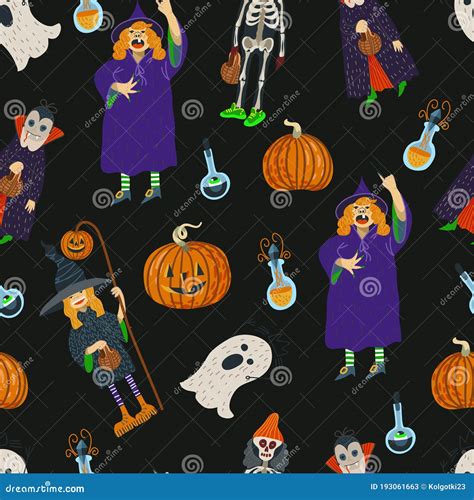 Seamless Pattern With Halloween Scary Elements Vector Cartoon Flat Illustration Stock Vector