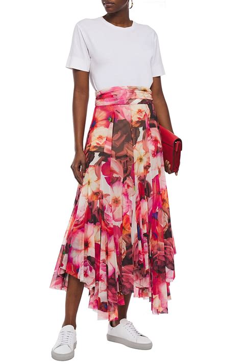 Msgm Pleated Floral Print Stretch Mesh Midi Skirt The Outnet