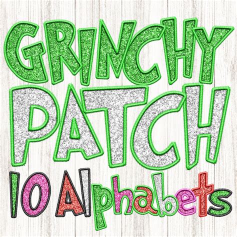 Digital Glitter Grinchypatch Alpha PNG Bundle 10 Pack Faux Embroidery