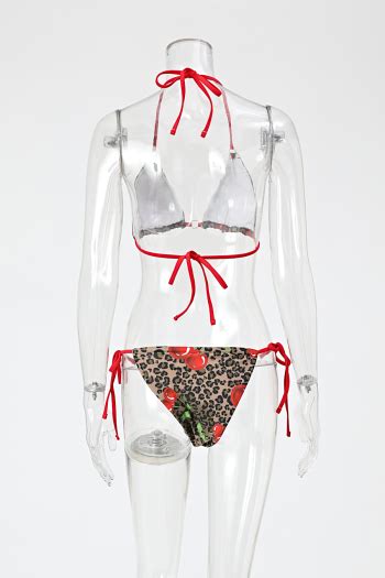 Wholesale Sexy Leopard And Cherry Printing Padded Halter Neck Self Tie Bikini Set BA020679