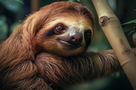 Premium Ai Image Cute Sloth Hanging On Tree Branch With Funny Face Look Generative Ai