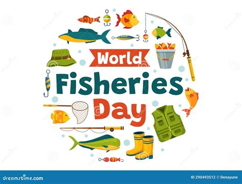 World Fisheries Day Vector Illustration Of Fisherman With Fishing Rod