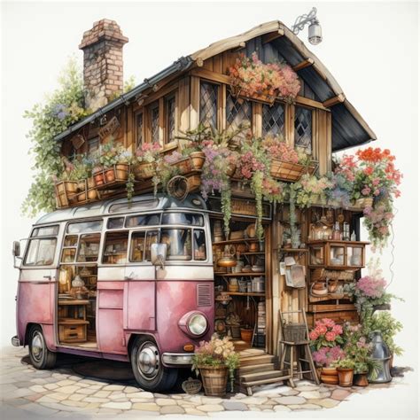 Watercolor Flower Market On Camper Van Clipart Generative Ai Premium