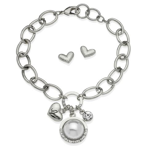 Guess Jewelry Set Silvertone Heart Stud Earrings and Charm Bracelet in ...