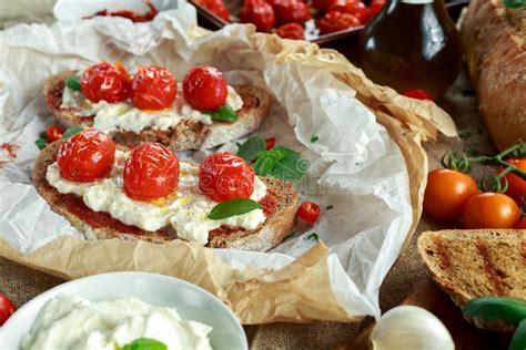 Tomato Ricotta Bruschetta With Sun Dried Tomatoes Paste Olive Oil