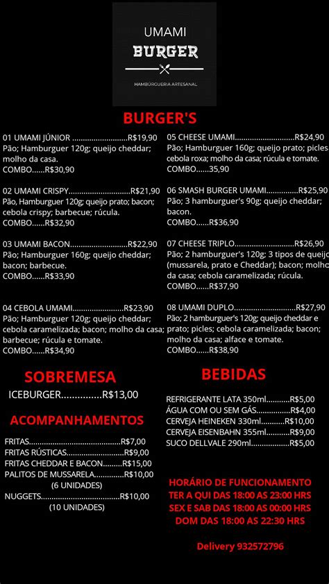 Menu at Umami Burger restaurant, Jundiaí