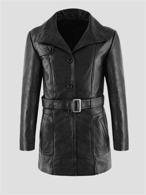 Three Quarter Black Genuine Leather Trench Coat For Women