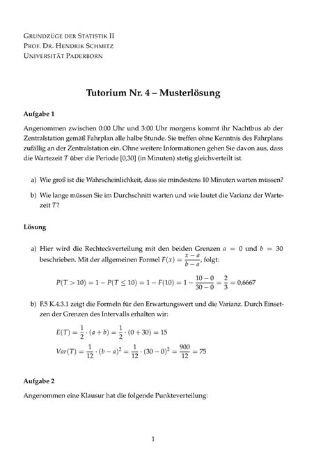 Tutorium 4 Lösungen Sommersemester GRUNDZ UGE DER STATISTIK II