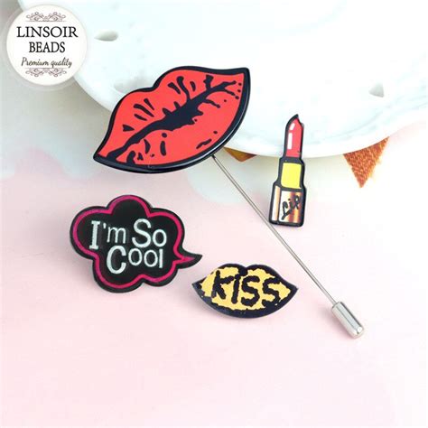 Linsoir 2017 Fashion Lipstick Red Lips Lapel Pins Clothing Badges Sexy Metal Im So Cool