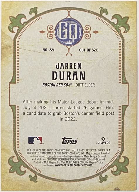 Jarren Duran 2022 Topps Gypsy Queen Boston Red Sox Baseball Rookie Card