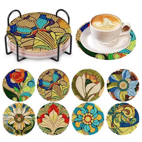 pcs flower diamond painting art wooden coasters