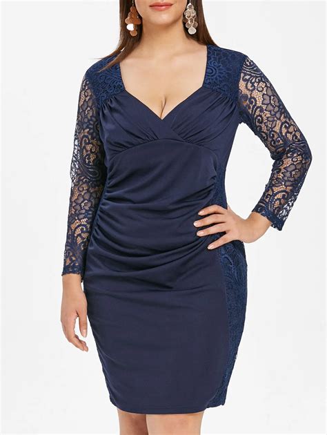 Wipalo Plus Size Lace Sleeve Ruched Plus Size Surplice Dress Party Dress Feminino Vestidos Robe