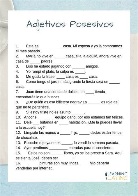 Possessives In Spanish Spanish Worksheets Spanish Exercises Possessive Adjectives Spanish