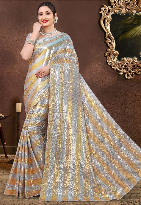 Buy Sequinned Georgette Saree In Grey And Golden Online Sfs