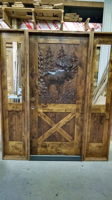 Knotty Alder Door With Carved Moose Panel And Sidelights Wood Exterior Door Wooden Screen