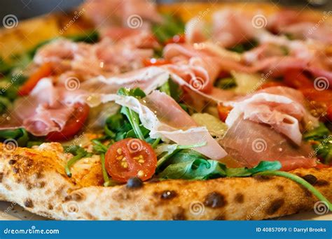 Pancetta And Arugula Pizza With Cherry Tomatoes Stock Image Image Of