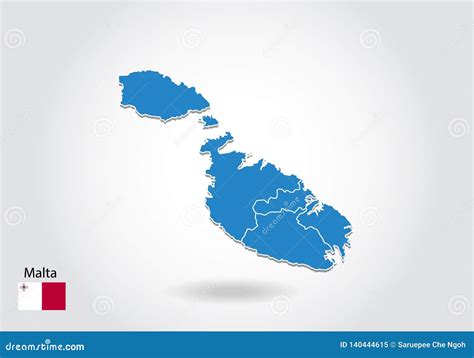 Malta Map Design With 3d Style Blue Malta Map And National Flag Stock