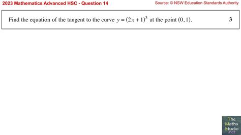 2023 Maths Advanced HSC Q14 Find equation of tangent to curve y 2x 1 ³