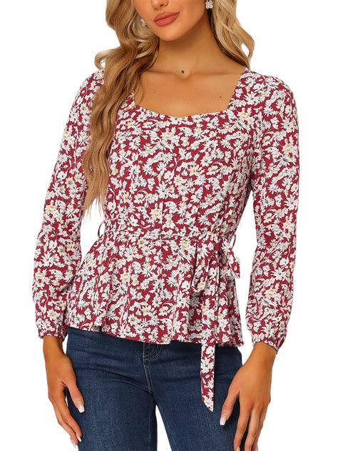 Allegra K Womens Floral Long Sleeve Square Neck Peplum Blouse With