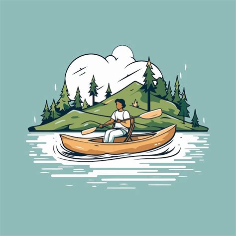 Hombre remando en una canoa en el lago ilustración vectorial Vector