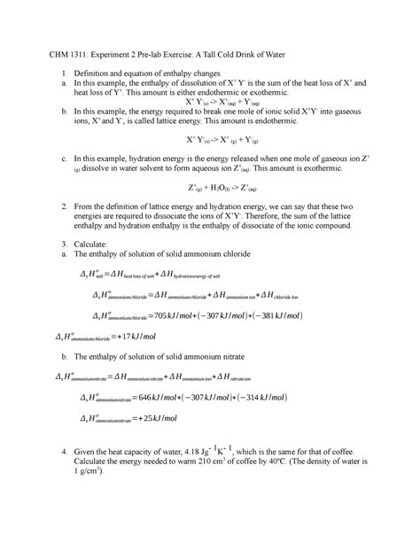 CHM 1311 LAB 2 Pre Lab Quiz Answers CHM 1311 Experiment 2 Pre Lab