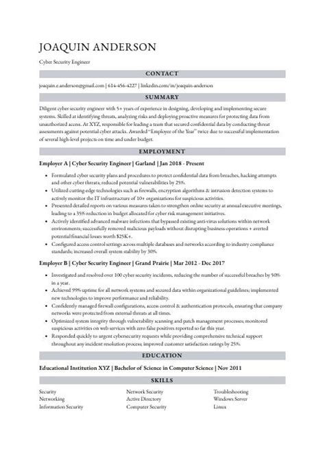 Cyber Security Engineer Resume (CV) Example and Writing Guide