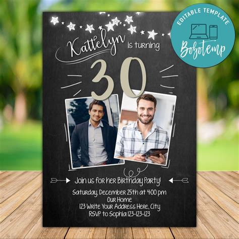 Printable Adult Mens 30th Birthday Photo Invitation DIY Createpartylabels