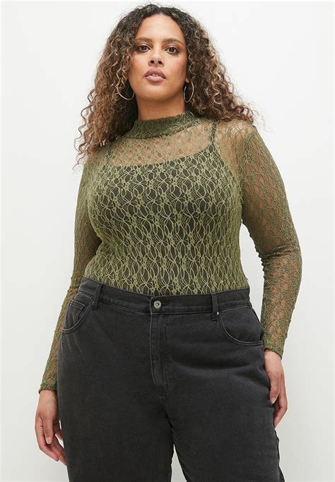 High Neck Lace Bodysuit Plus Olive Superbalist Tops