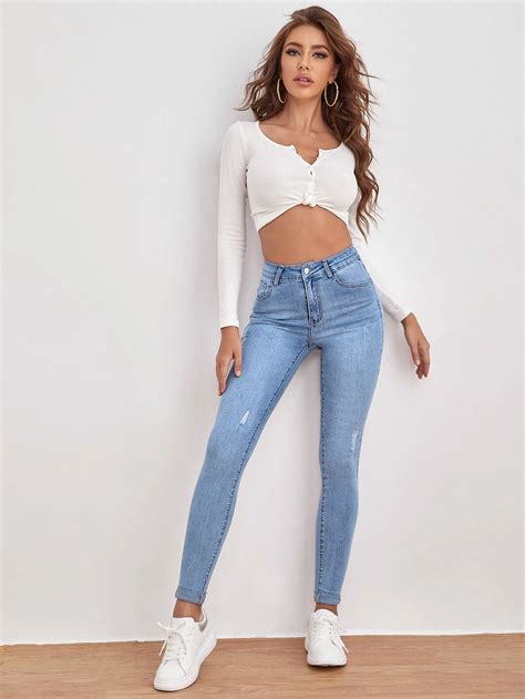 Shein Frenchy Jean Skinny Taille Haute D Chir Mode En Ligne Shein