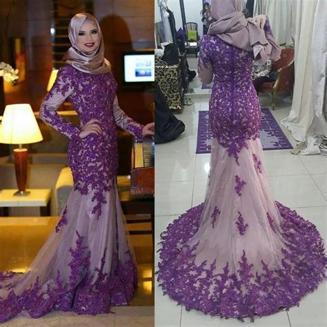 Luxury Purple Long Sleeve Muslim Evening Dresses Applique Formal Party