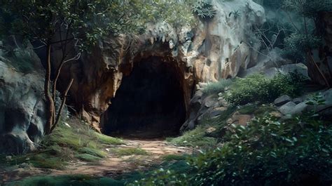 Premium Photo | Cave Entrance Painting in the Woods