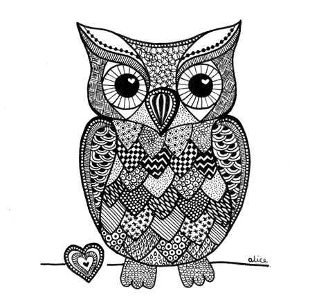 Blackandwhite Zentangle Inspired Owl With Heart De Alice Gerfault