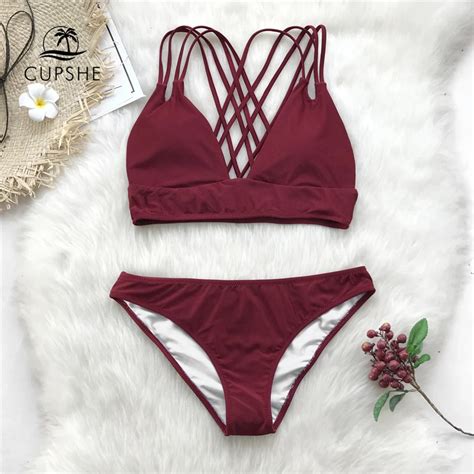 CUPSHE Burgundy Strappy Bikini Sets Women Crisscross Solid Two Pieces