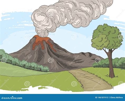 Volcano Mountain Hill Road Graphic Color Sketch Landscape Illustration ...