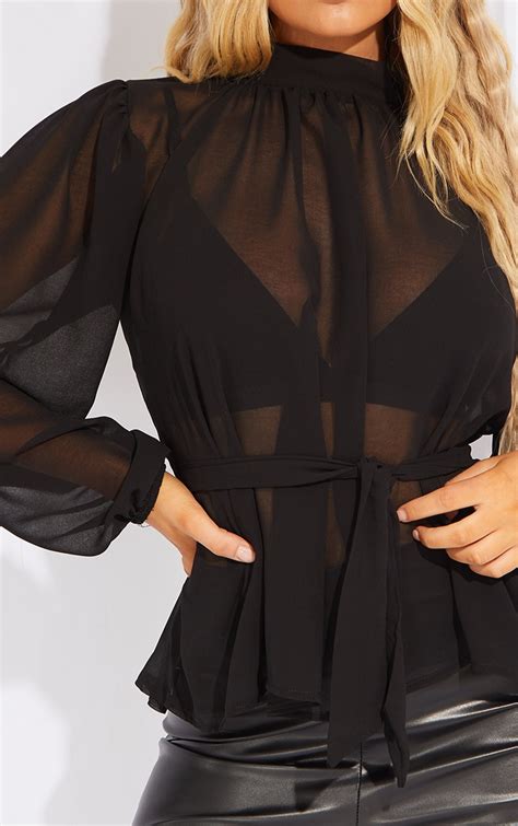 Black Sheer Chiffon Tie Waist Blouse Tops Prettylittlething