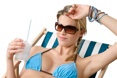 Beach Happy Woman In Bikini With Cold Drink Stock Image Image Of