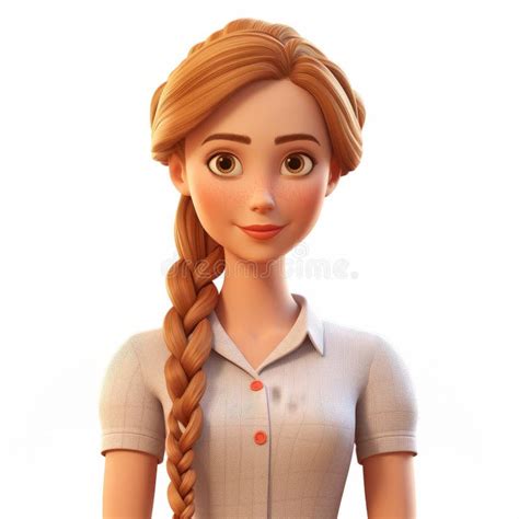 Beautiful 3d Cartoon Female Character With Dutch Braid Hairstyle Stock