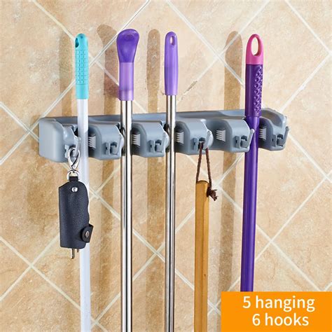 Brush Broom Hanger Storage Rack Wall Mounted Storage Mop Holder Kitchen Organizer with Mounted ...