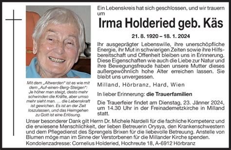 Traueranzeigen Von Irma Holderied Trauer Bz