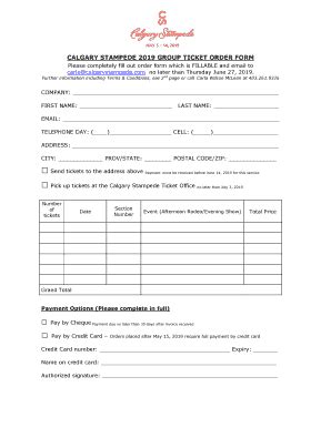 Fillable Online CALGARY STAMPEDE 2019 GROUP TICKET ORDER FORM Fax Email