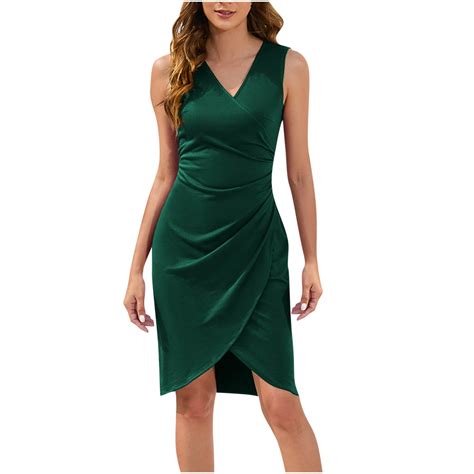 Timoontee 2024 Womens Sexy V Neck Sleeveless Faux Wrap Ruched Sheath