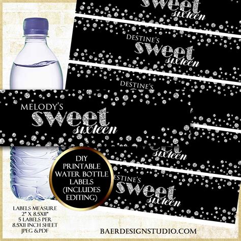 New Sweet 16 Water Bottle Label In Black And Silver Custom Water