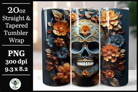 Orange And Blue Floral Skull Wrap D Halloween Tumbler Png